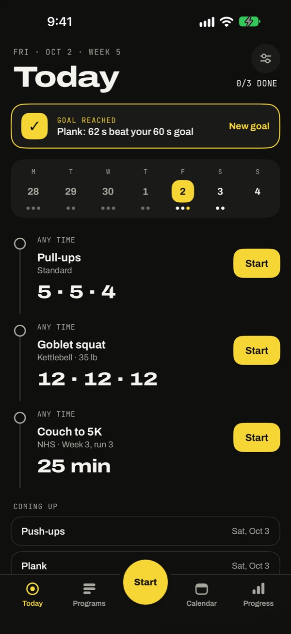 The Today screen: a week strip, then pull-ups 5 · 5 · 4, goblet squat 12 · 12 · 12 at 35 lb and Couch to 5K week 3 run 3, each with a Start button.