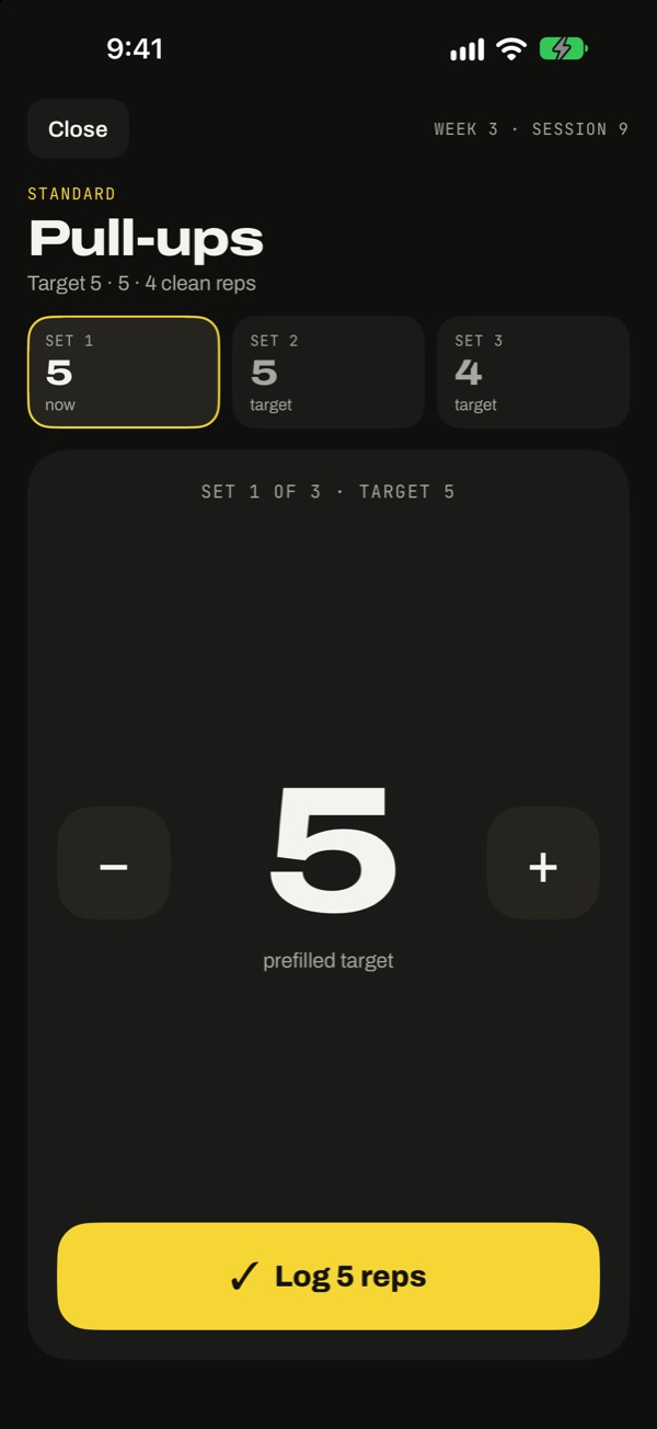 Logging a pull-up set: set 1 of 3, target 5, a large 5 with minus and plus buttons and a Log 5 reps button.